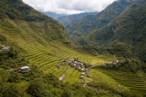 Batad Rice Terraces curving around the mountain village in Ifugao