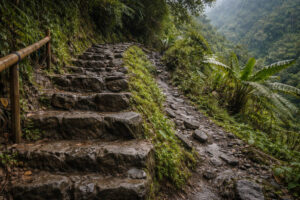 Stone steps on the trail to Batad or Tappiya Falls in wet mountain conditions
