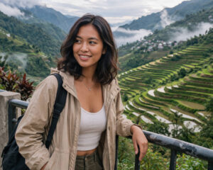 Mika Santos at a Banaue viewpoint with rice terraces behind her