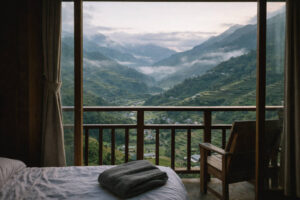 View from a hillside stay in Banaue overlooking terraces and mountain slopes