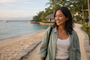 Mika Santos along a beachfront path for best beaches in Mactan