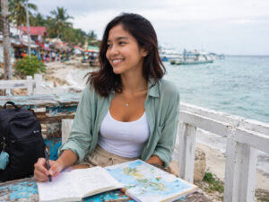 Mika Santos in a calm Bantayan Island travel-planning scene