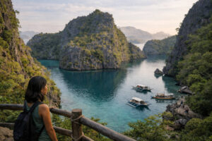 Best time to visit Kayangan Lake at the viewpoint in Coron with turquoise water and limestone cliffs in soft early light
