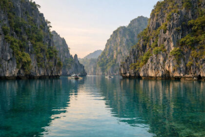 Best time to visit Twin Lagoon during a calmer early visit with soft light on limestone cliffs