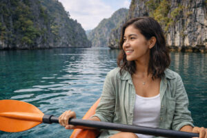 Best time to visit Twin Lagoon with Mika enjoying a calm boat stop in Coron