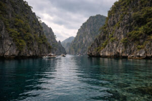 Best time to visit Twin Lagoon shown under mixed weather conditions in Coron