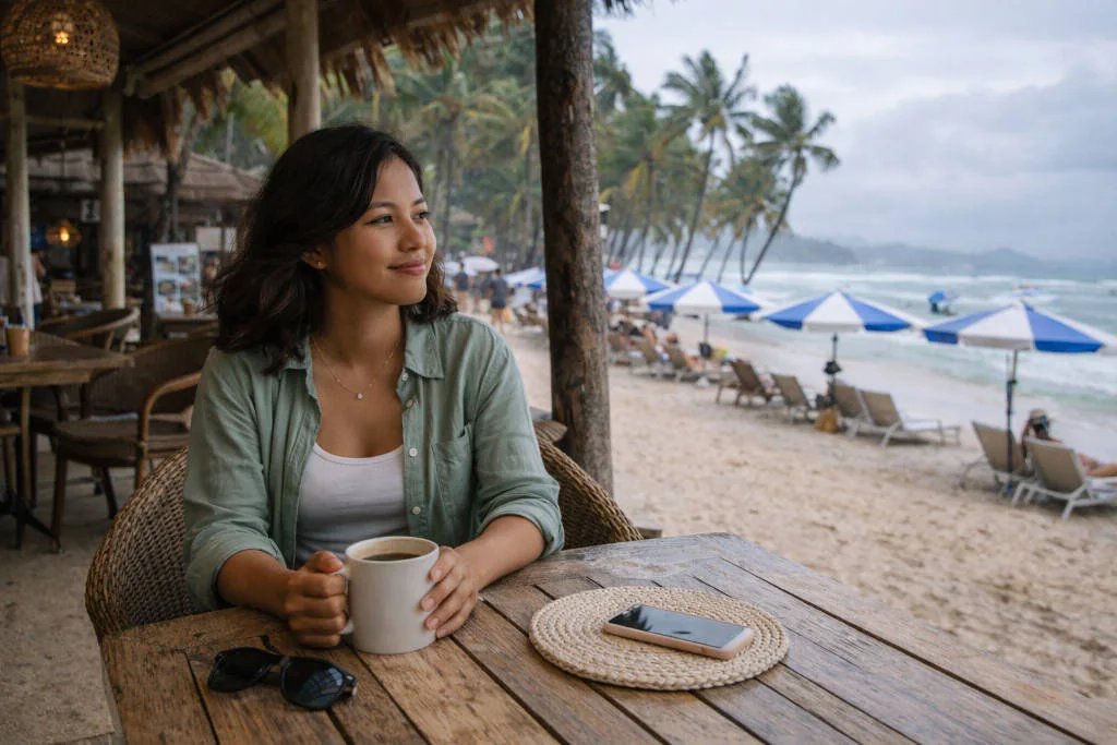Boracay itinerary 3 days rainy-day backup at a shaded beachfront café