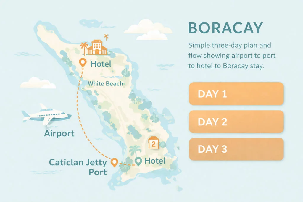 Boracay itinerary 3 days route and timing overview graphic