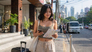 Mika reviewing Cebu City travel tips before heading out from her Cebu City base