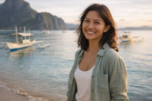 Mika smiling during a calm El Nido weekend trip planning moment by the waterfront