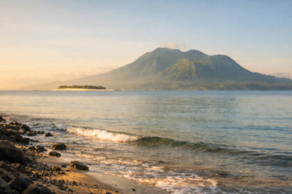 Early morning shoreline scene for how many days in Camiguin with White Island and Mt. Hibok-Hibok