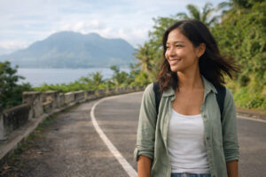 Mika smiling at a quiet roadside spot for how many days in Camiguin planning