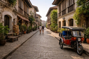 How many days in Vigan guide photo of a walkable heritage street with a tricycle near key attractions