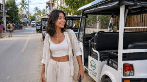 Mika beside an e-trike showing how to get around Boracay for short rides