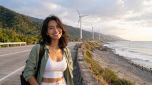 Ilocos Norte coastal road scene for ilocos norte itinerary 4 days with windmills and open shoreline