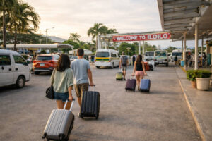 Arrival transfer scene in Iloilo with travelers moving toward transport