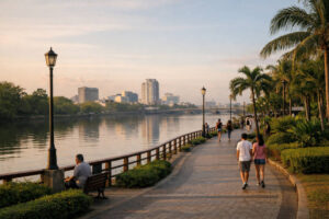 Iloilo City travel guide view of the riverfront promenade at soft light