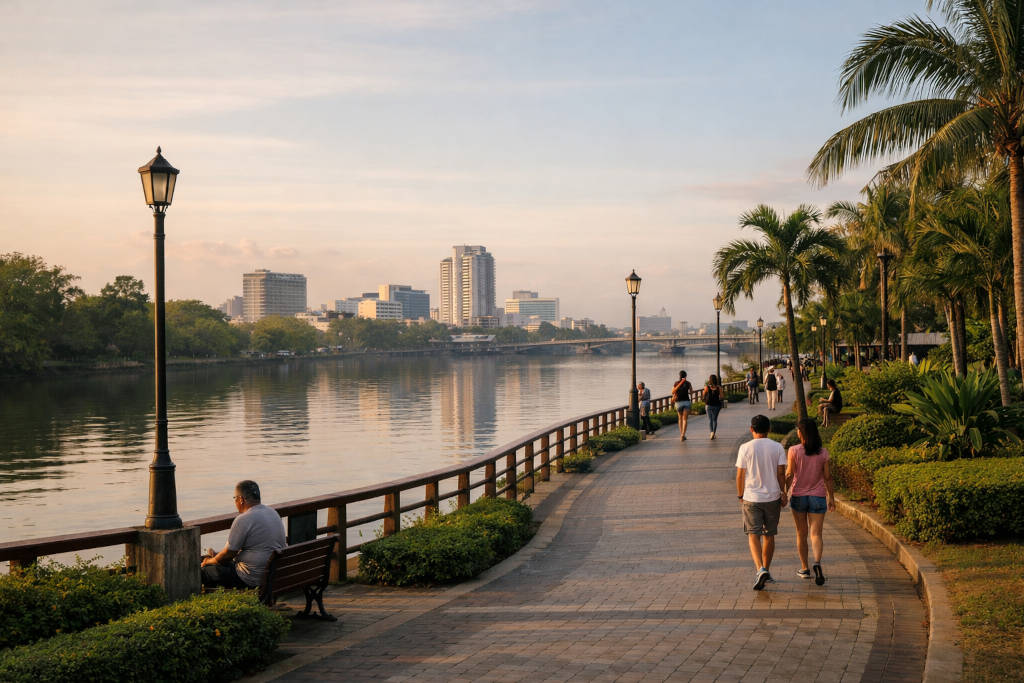 Iloilo City travel guide view of the riverfront promenade at soft light
