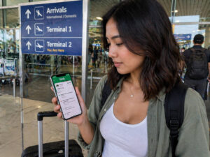 Phone screen with airport pickup booking and terminal details at MCIA