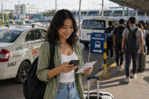 Mika Santos reviewing travel details before departure