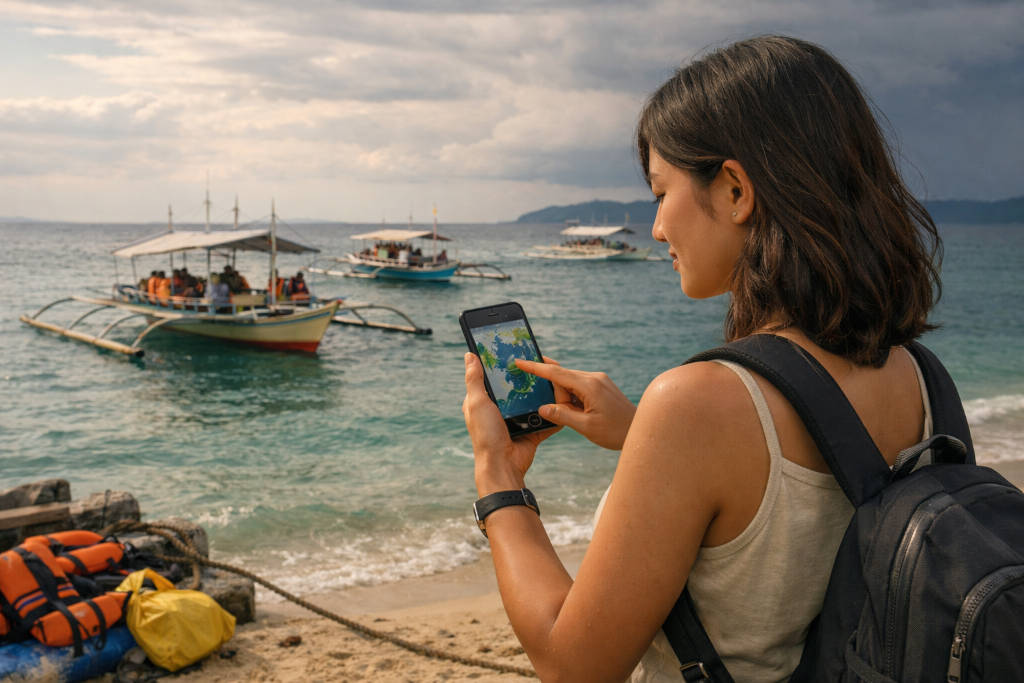 Traveler checking Philippines weather apps before a boat tour at a Philippine beach