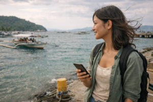 Traveler calmly using Philippines weather apps before a boat trip