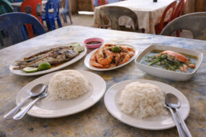 Simple local seafood and rice meal in Romblon