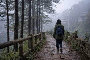 Sagada travel guide misty morning walk along a pine-lined path in Sagada