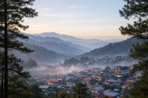 Sagada travel guide morning view of Sagada town with pine trees and misty mountains
