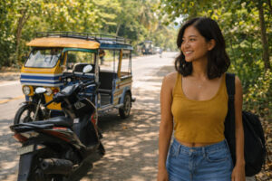 Mika beside local transport in a Siquijor travel guide