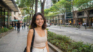 Solo travel Cebu City street in Cebu Business Park with shops, trees, and walkable surroundings