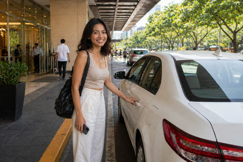 Solo travel Cebu City transport pickup showing a safe ride-hailing option near a bright entrance