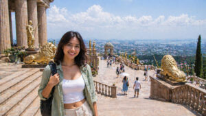 Visitors walking around Temple of Leah with stairs and open viewpoints