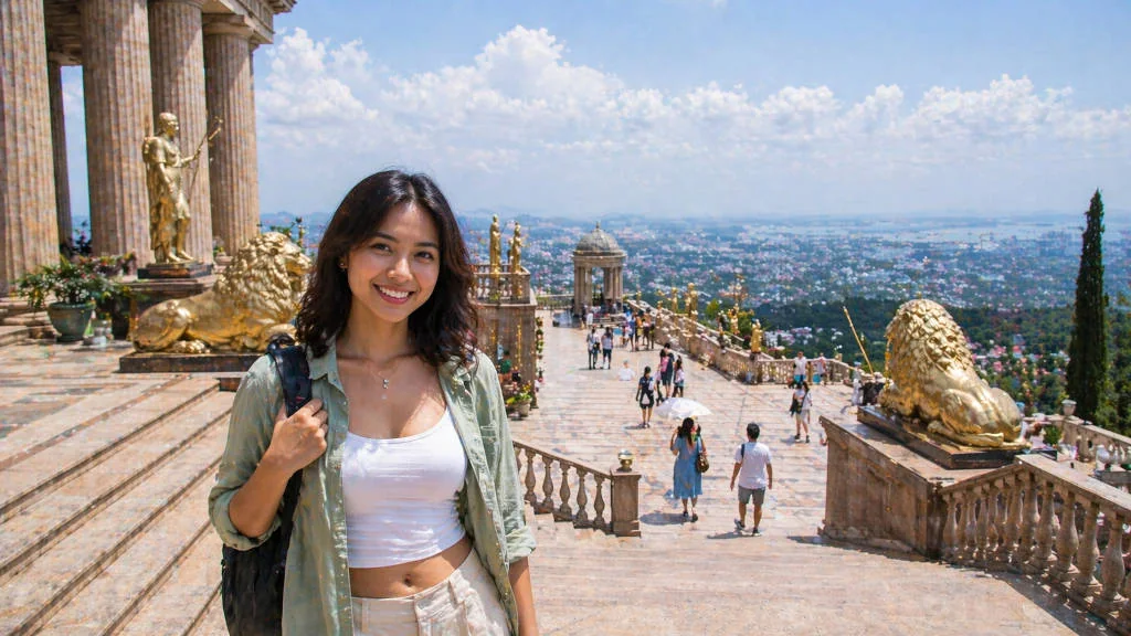 Visitors walking around Temple of Leah with stairs and open viewpoints
