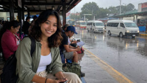 Covered transport stop during typhoon season Philippines travel delays