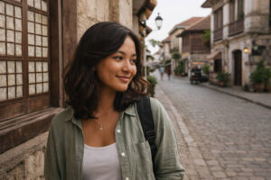 Mika smiling in the heritage district for a Vigan travel guide