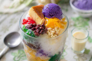 Halo-halo dessert with ube and leche flan in Cebu