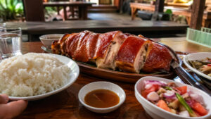 Cebu lechon with crispy skin and rice for what to eat in Cebu City