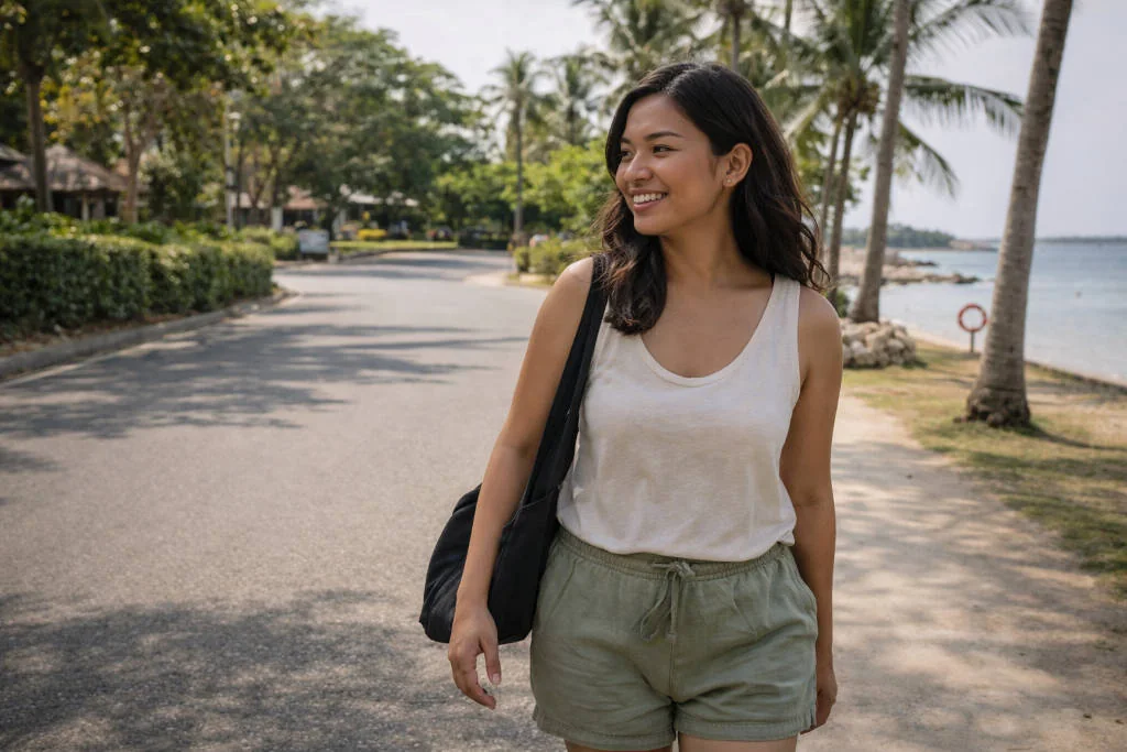 Mika smiling during a calm walk while considering where to stay in Mactan