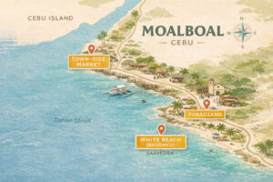 Map-style overview of where to stay in Moalboal for first-timers
