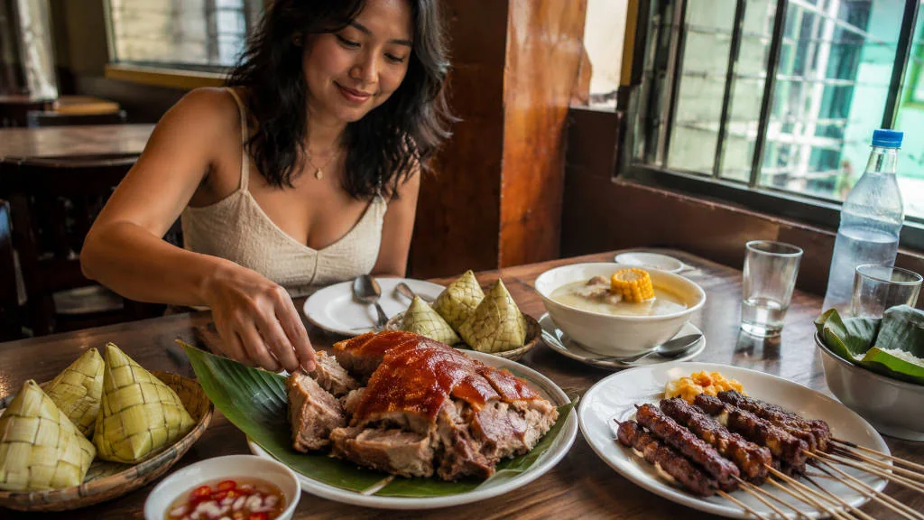 best restaurants in Cebu City table with lechon, puso rice, grilled food, and vinegar dip