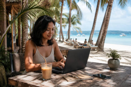 Laptop and coffee near the beach for a practical boracay digital nomad guide