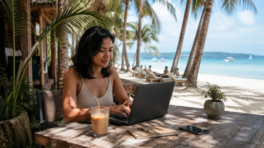 Laptop and coffee near the beach for a practical boracay digital nomad guide