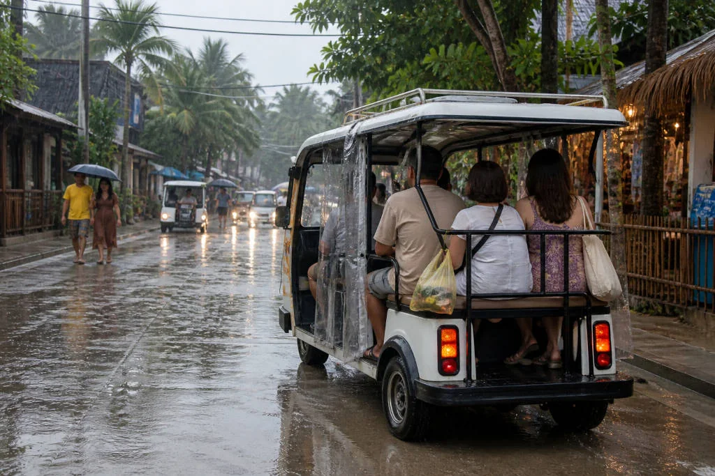 Boracay rainy day e-trike ride during wet weather