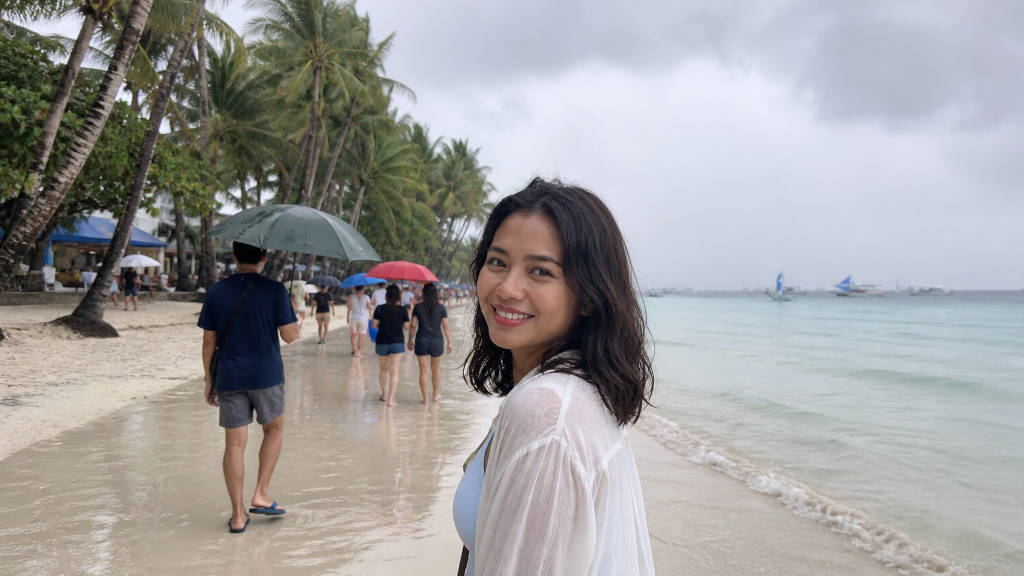 Boracay rainy day beach with gray clouds and wet sand