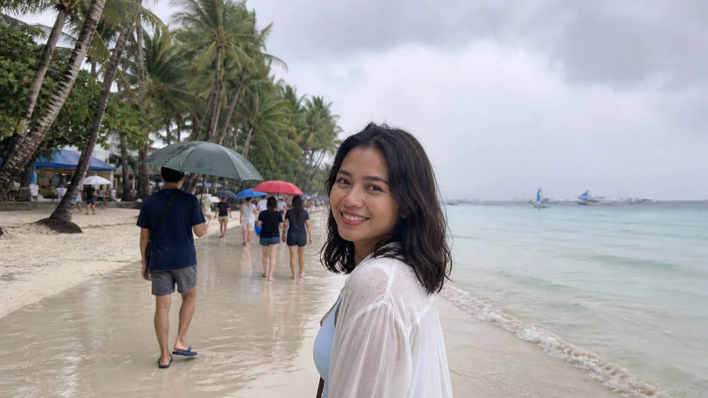 Boracay rainy day beach with gray clouds and wet sand
