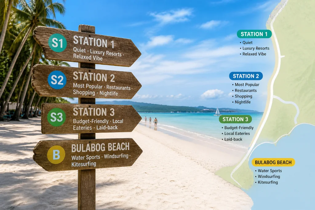Boracay travel tips for choosing Station 1, Station 2, Station 3, or Bulabog Beach