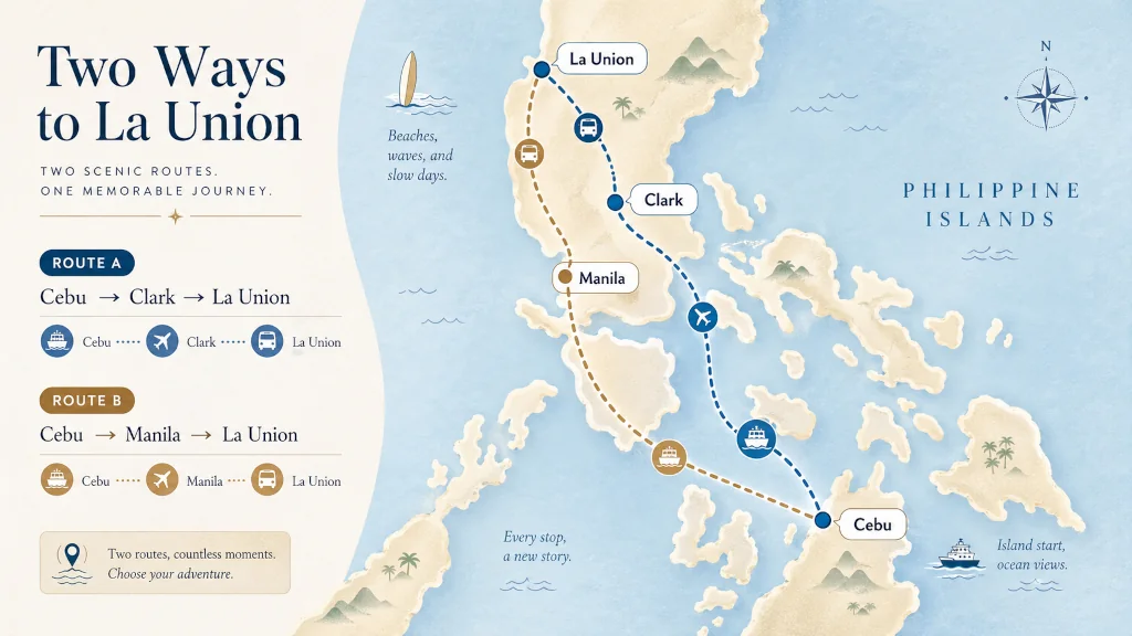 Cebu City to La Union route options via Clark and Manila