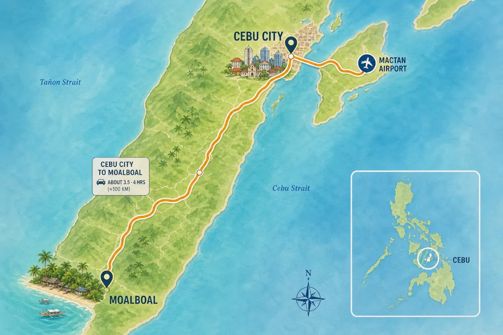 Cebu City to Moalboal route for planning Cebu City vs Moalboal City Base vs Beach Base travel time