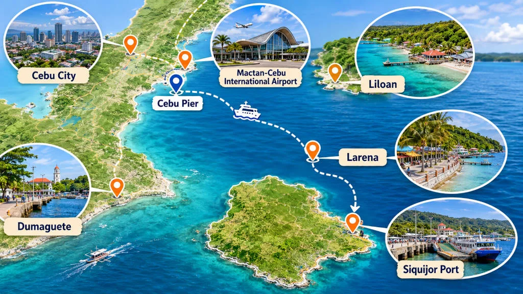 Cebu City to Siquijor route options by ferry, flight, and Dumaguete connection